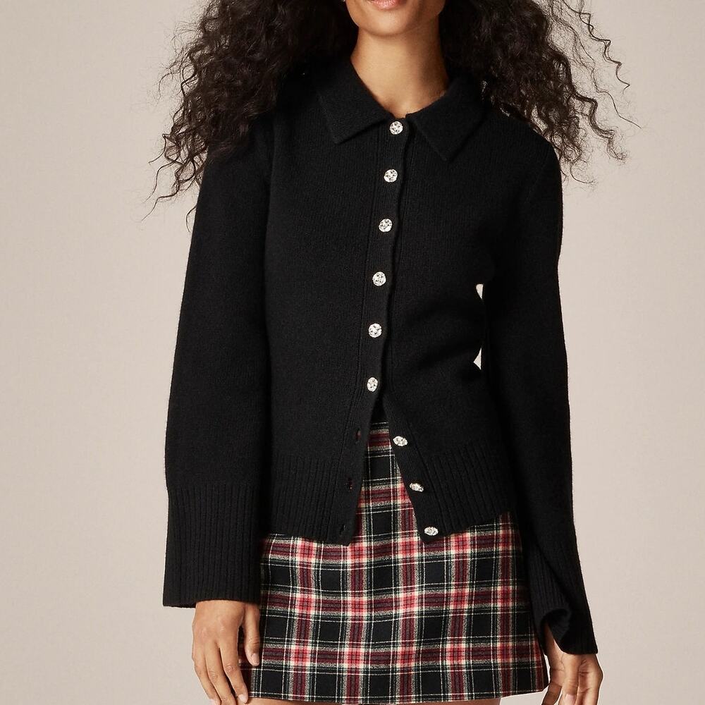 J.Crew Milano Stitch Lambs Wool Cardigan Embellished Button Black Medium NWT